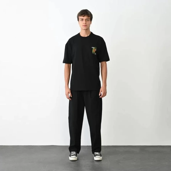 Unisex Bisiklet Yaka Baskılı Oversize T-Shirt - Siyah ürün görseli 1