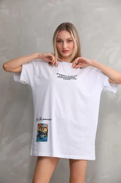 Unisex Bisiklet Yaka Baskılı Oversize T-Shirt - Beyaz ürün görseli 1