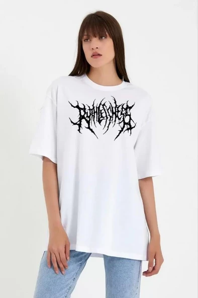 Unisex Bisiklet Yaka Baskılı Oversize T-Shirt - Beyaz ürün görseli 1