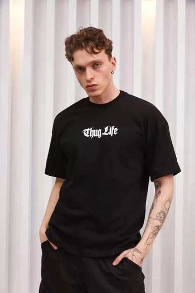 Unisex Bisiklet Yaka Baskılı Oversize T-Shirt - Siyah ürün görseli 1