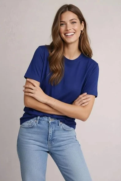 Osy Modal Yumuşak Dokulu Kumaş Bisiklet Yaka T-shirt - Lacivert ürün görseli 1