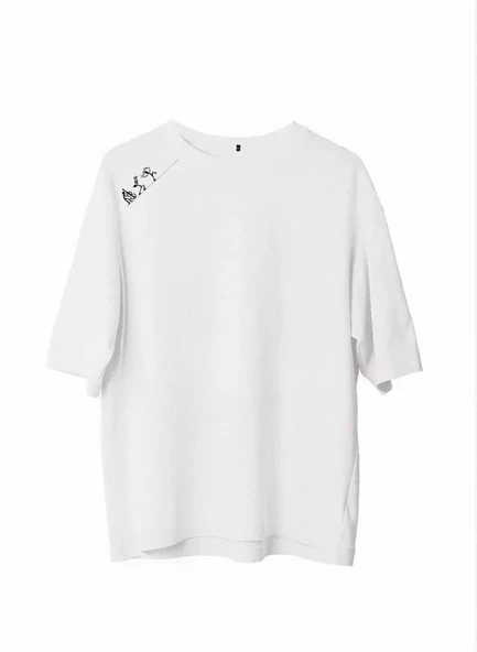 Unisex Bisiklet Yaka Baskılı Oversize T-Shirt - Beyaz ürün görseli 1