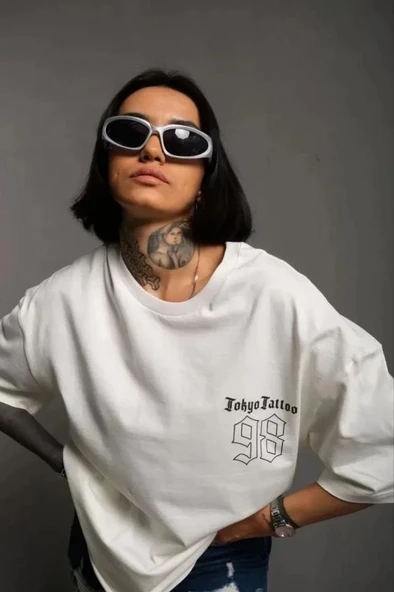 Unisex Bisiklet Yaka Baskılı Oversize T-Shirt - Beyaz ürün görseli 1