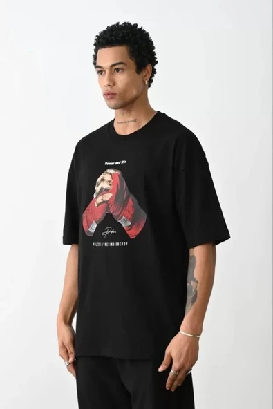 Unisex Baskılı Oversize T-Shirt - Siyah ürün görseli 1