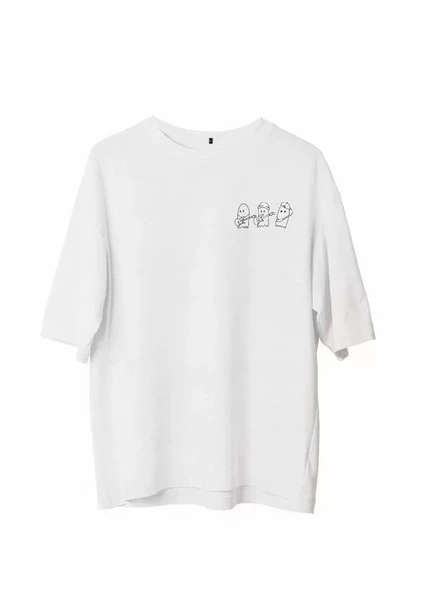 Unisex Bisiklet Yaka Baskılı Oversize T-Shirt - Beyaz ürün görseli 1