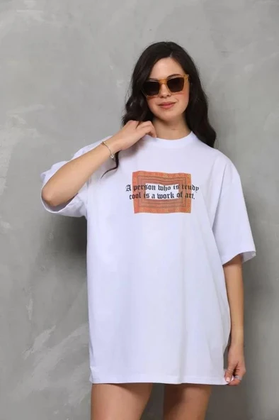 Unisex Bisiklet Yaka Baskılı Oversize T-Shirt - Beyaz ürün görseli 1
