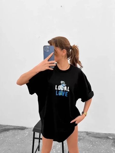 Unisex Bisiklet Yaka Baskılı Oversize T-Shirt - Siyah ürün görseli 1