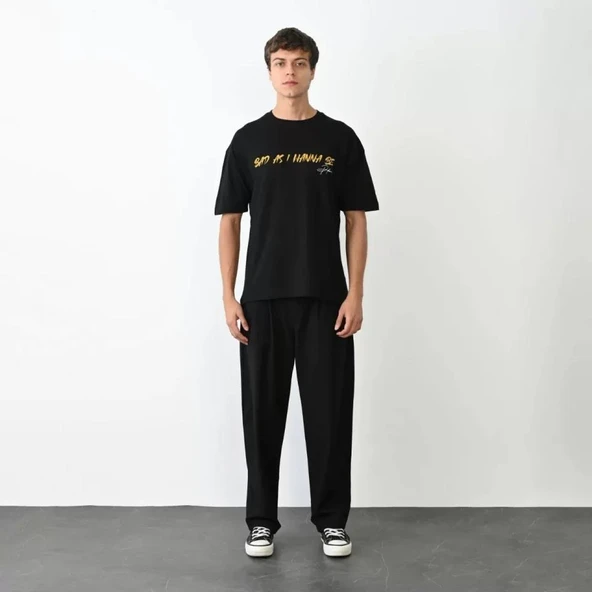 Unisex Bisiklet Yaka Baskılı Oversize T-Shirt - Siyah ürün görseli 1
