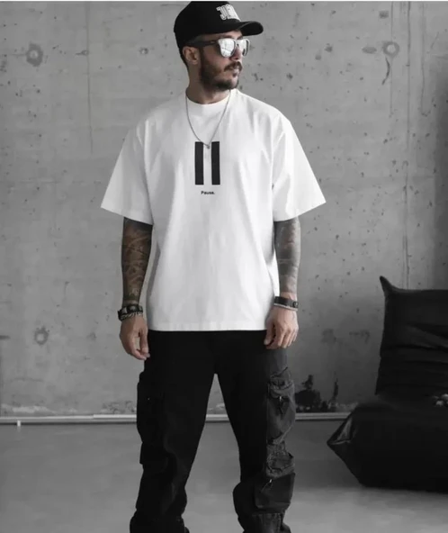 Unisex Bisiklet Yaka Baskılı Oversize T-Shirt - Beyaz ürün görseli 1
