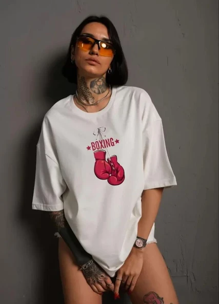 Unisex Bisiklet Yaka Baskılı Oversize T-Shirt - Beyaz ürün görseli 1