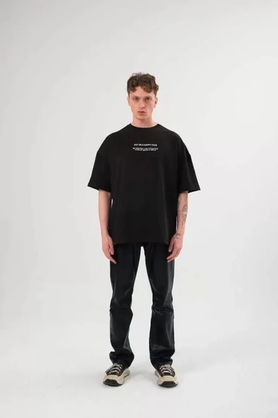 Unisex Bisiklet Yaka Baskılı Oversize T-Shirt - Siyah ürün görseli 1