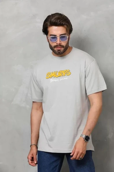 Unisex Basic Bisiklet Yaka Oversize T-Shirt - Gri ürün görseli 1