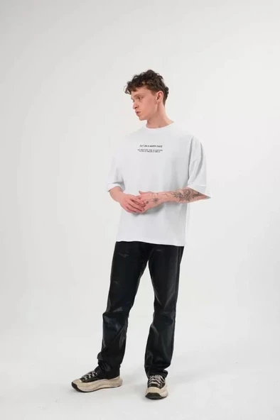 Unisex Bisiklet Yaka Baskılı Oversize T-Shirt - Beyaz ürün görseli 1