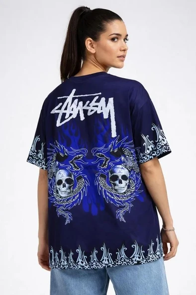 Lacivert Oversize Tişört Dragon - Kuru Kafa Baskılı Bisiklet Yaka T-Shirt - Lacivert ürün görseli 1