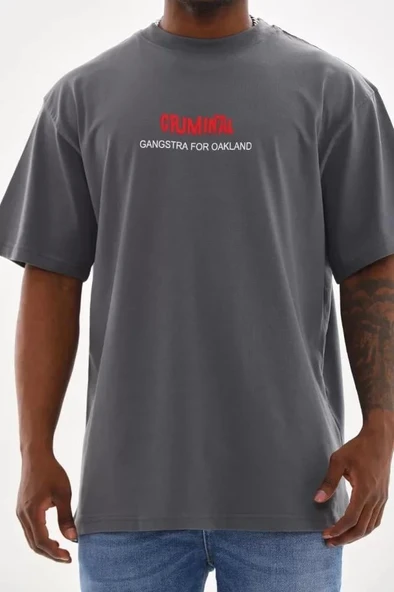 Unisex Baskılı Oversize T-Shirt - Füme ürün görseli 1