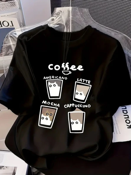 Baskılı Oversize Bisiklet Yaka T-shirt - Siyah ürün görseli 1