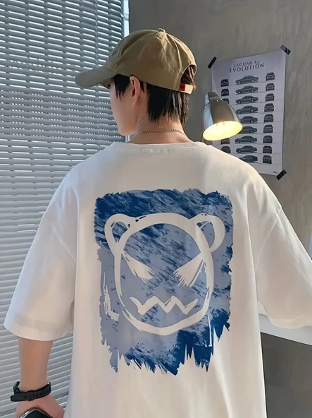 Baskılı Oversize Bisiklet Yaka T-shirt - Beyaz ürün görseli 1