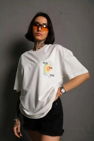 Unisex Bisiklet Yaka Baskılı Oversize T-Shirt - Beyaz ürün görseli 1