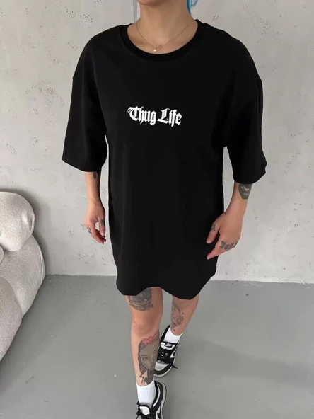 Unisex Bisiklet Yaka Baskılı Oversize T-Shirt - Siyah ürün görseli 1