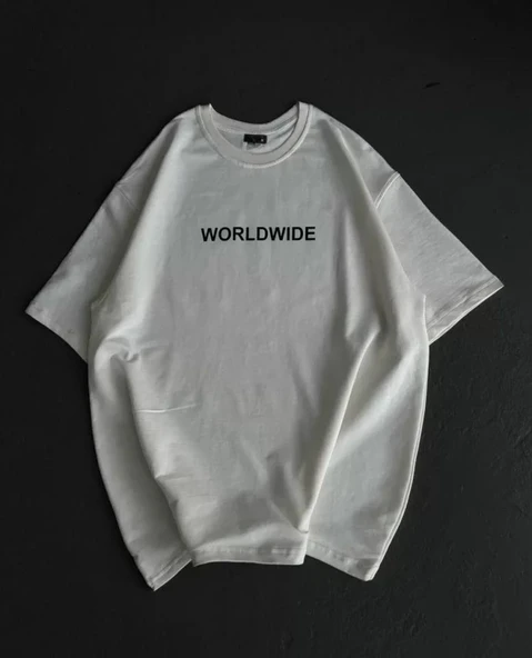 Unisex Bisiklet Yaka Baskılı Oversize T-Shirt - Beyaz ürün görseli 1