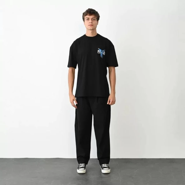 Unisex Bisiklet Yaka Baskılı Oversize T-Shirt - Siyah ürün görseli 1