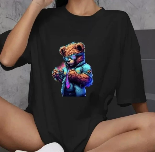 Unisex Bisiklet Yaka Baskılı Oversize T-Shirt - Siyah ürün görseli 1