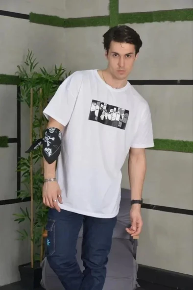 Unisex Bisiklet Yaka Baskılı Oversize T-Shirt - Beyaz ürün görseli 1