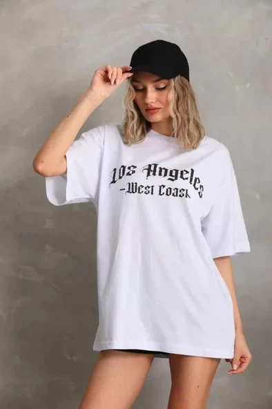 Unisex Baskılı Oversize T-Shirt - Beyaz ürün görseli 1
