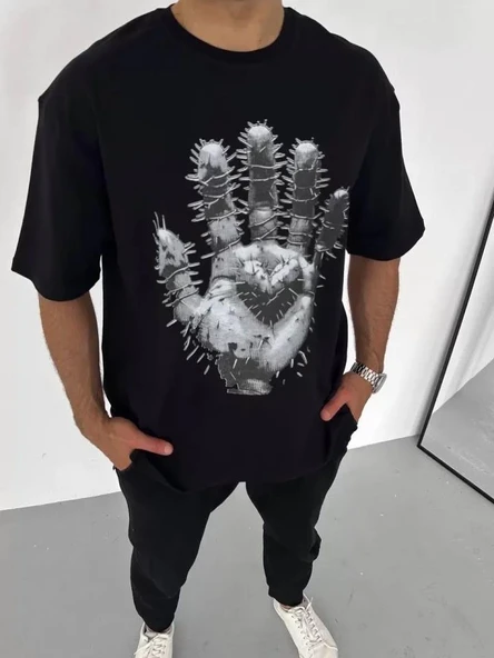 Unisex Bisiklet Yaka Baskılı Oversize T-Shirt - Siyah ürün görseli 1