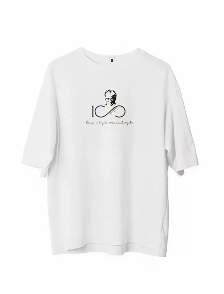 Unisex Bisiklet Yaka Baskılı Oversize T-Shirt - Beyaz ürün görseli 1