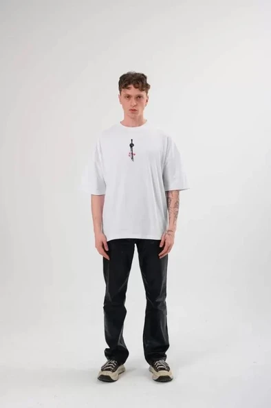 Unisex Bisiklet Yaka Baskılı Oversize T-Shirt - Beyaz ürün görseli 1