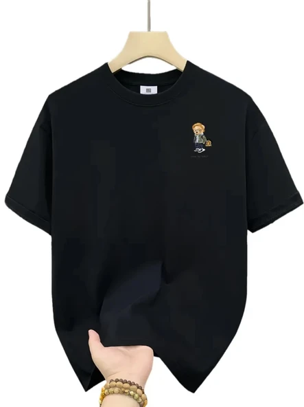 Baskılı Oversize Bisiklet Yaka T-shirt - Siyah ürün görseli 1