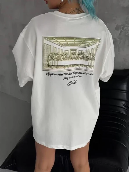 Unisex Baskılı Oversize T-Shirt - Beyaz ürün görseli 1