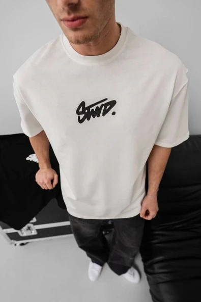 Erkek Baskılı Oversize T-shirt - Beyaz - Resim 3
