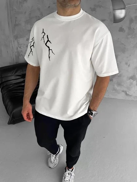 Unisex Bisiklet Yaka Baskılı Oversize T-Shirt - Beyaz ürün görseli 1
