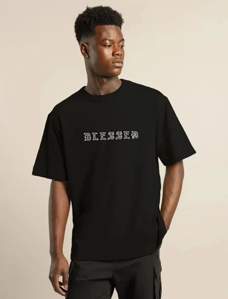 Unisex Bisiklet Yaka Oversize Baskılı T-Shirt - Siyah ürün görseli 1