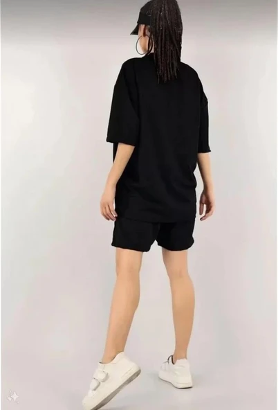 Unisex Nakış İşlemeli Şort Takım - Siyah - Resim 4