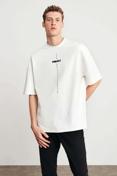 Unisex Baskılı Oversize T-Shirt - Beyaz ürün görseli 1