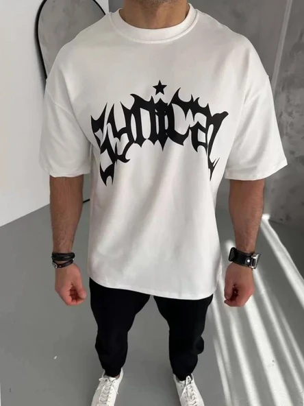 Unisex Bisiklet Yaka Baskılı Oversize T-Shirt - Beyaz ürün görseli 1