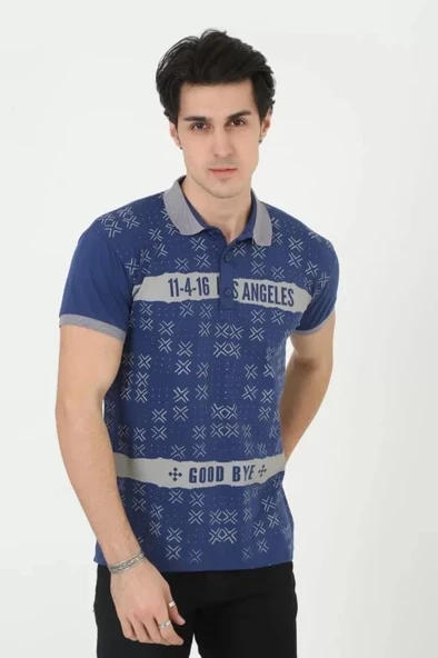 Erkek Yakalı Slim Fit Baskılı T-Shirt - Mavi ürün görseli 1