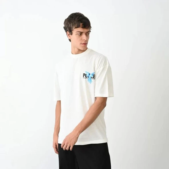 Unisex Bisiklet Yaka Baskılı Oversize T-Shirt - Beyaz ürün görseli 1