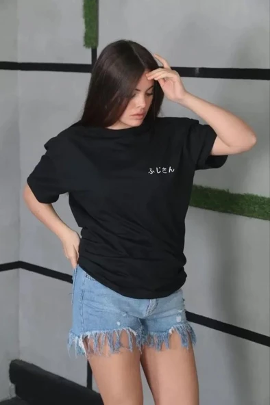 Unisex Bisiklet Yaka Baskılı Oversize T-Shirt - Siyah ürün görseli 1