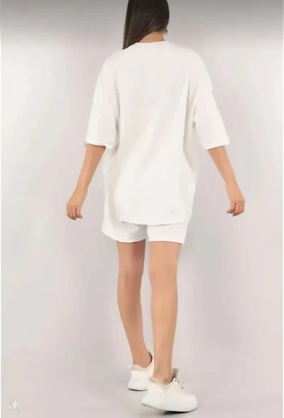 Unisex Nakış İşlemeli Şort Takım - Beyaz - Resim 4