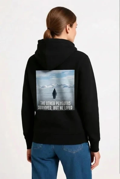 Oversize Hoodie - Sırt Baskılı Survivor Penguin Temalı, Felsefi Yazılı Kapüşonlu Sweatshirt - Siyah ürün görseli 1
