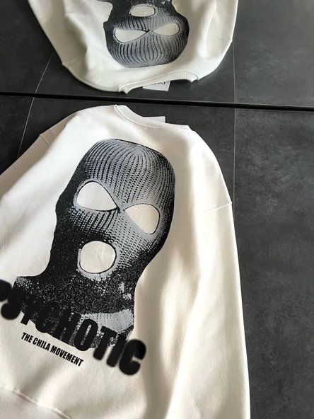 Kışlık Bisiklet Yaka Baskılı SweatShirt - Beyaz ürün görseli 1
