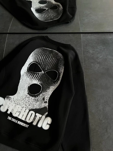 Kışlık Bisiklet Yaka Baskılı SweatShirt - Siyah - Resim 3