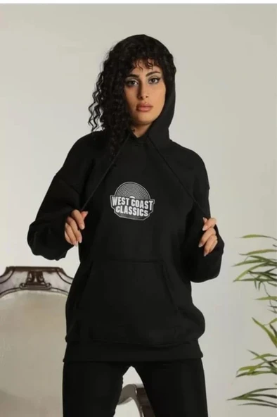 Unisex Sırt Baskılı Kapüşonlu Üç İplik Oversize Sweatshirt - Siyah ürün görseli 1