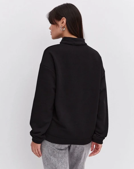 Oversize Yarım Farmuarlı Yakalı Basic SweatShirt - Siyah - Resim 4