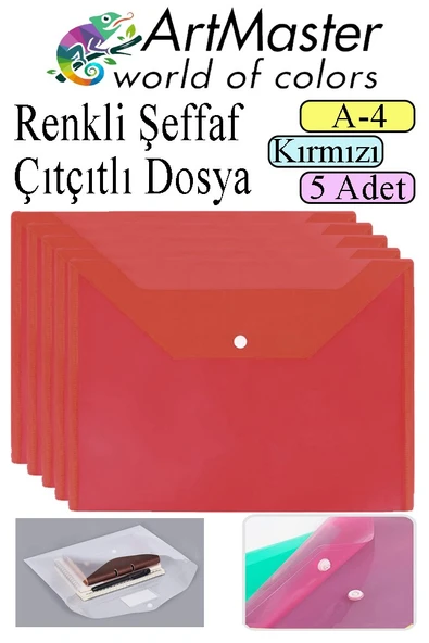 Kırmızı A4 Çıtçıtlı Dosya Şeffaf Renkli Zarf Dosya 5 Adet Çıt Çıtlı Dosya Su Geçirmez 100 Yaprak Kapasite ürün görseli 1