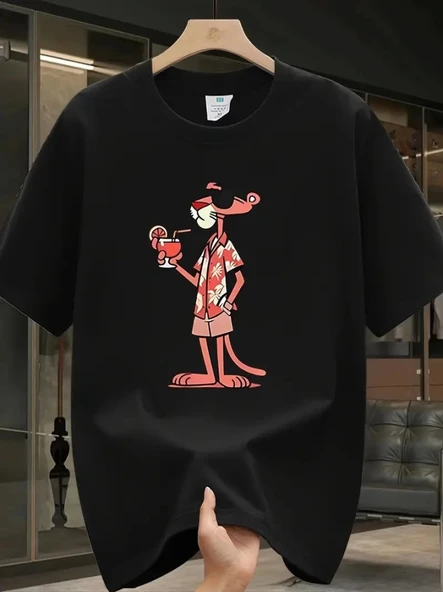 Baskılı Oversize Bisiklet Yaka T-shirt - Siyah ürün görseli 1